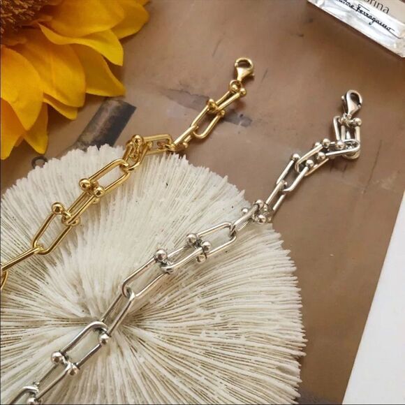 *NEW* Chunky U Shape Gold/925 Chain Link Bracelet - Picture 1 of 16